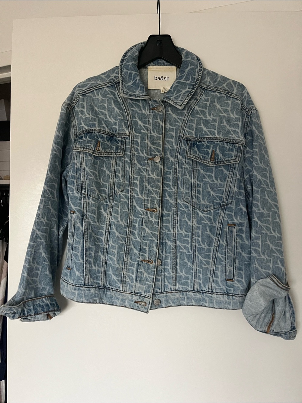 ba&sh Light Blue Monogram Denim Trucker Jacket